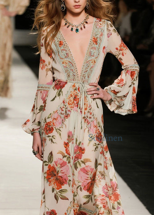 Elegante, locker sitzende Baumwollkleider mit V-Ausschnitt, Print und ausgestellten Ärmeln