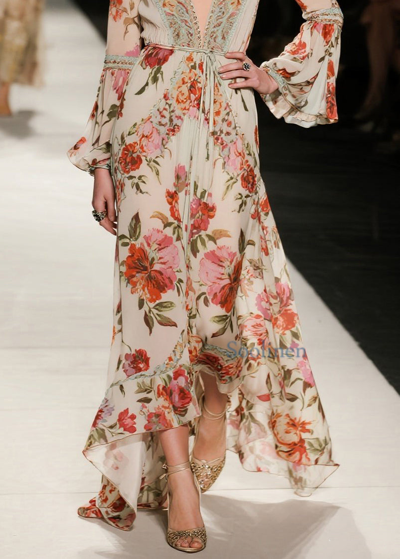 Elegante, locker sitzende Baumwollkleider mit V-Ausschnitt, Print und ausgestellten Ärmeln