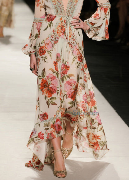 Elegante, locker sitzende Baumwollkleider mit V-Ausschnitt, Print und ausgestellten Ärmeln