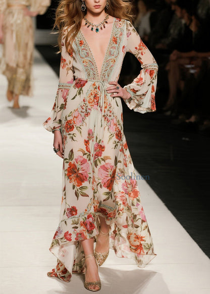 Elegante, locker sitzende Baumwollkleider mit V-Ausschnitt, Print und ausgestellten Ärmeln