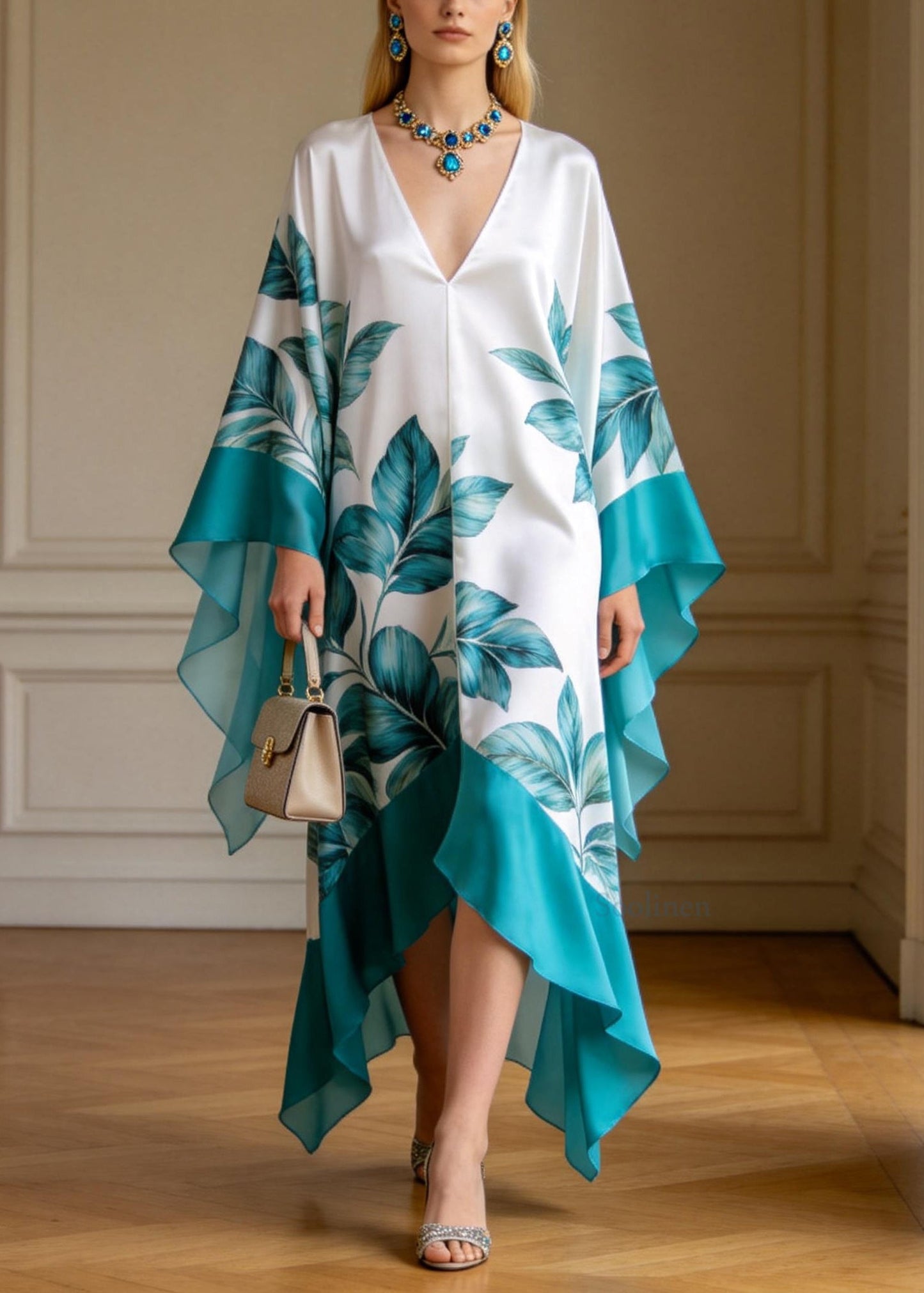 Elegant V Neck Print Patchwork Chiffon Long Dresses Summer