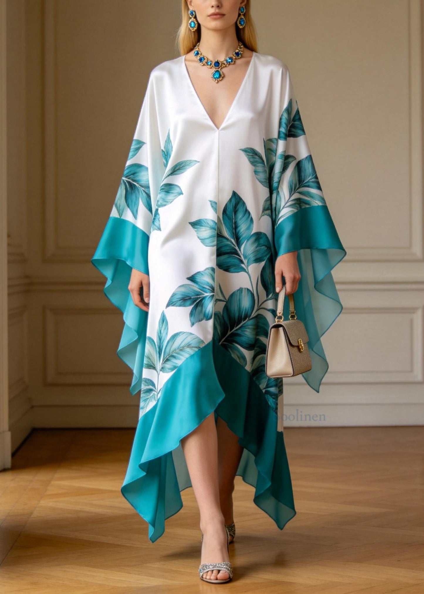 Elegant V Neck Print Patchwork Chiffon Long Dresses Summer