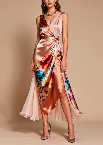 Elegant V Neck Print Patchwork Silk Dress Sleeveless