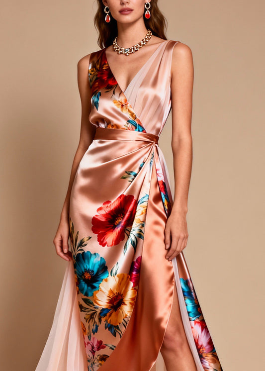 Elegant V Neck Print Patchwork Silk Dress Sleeveless