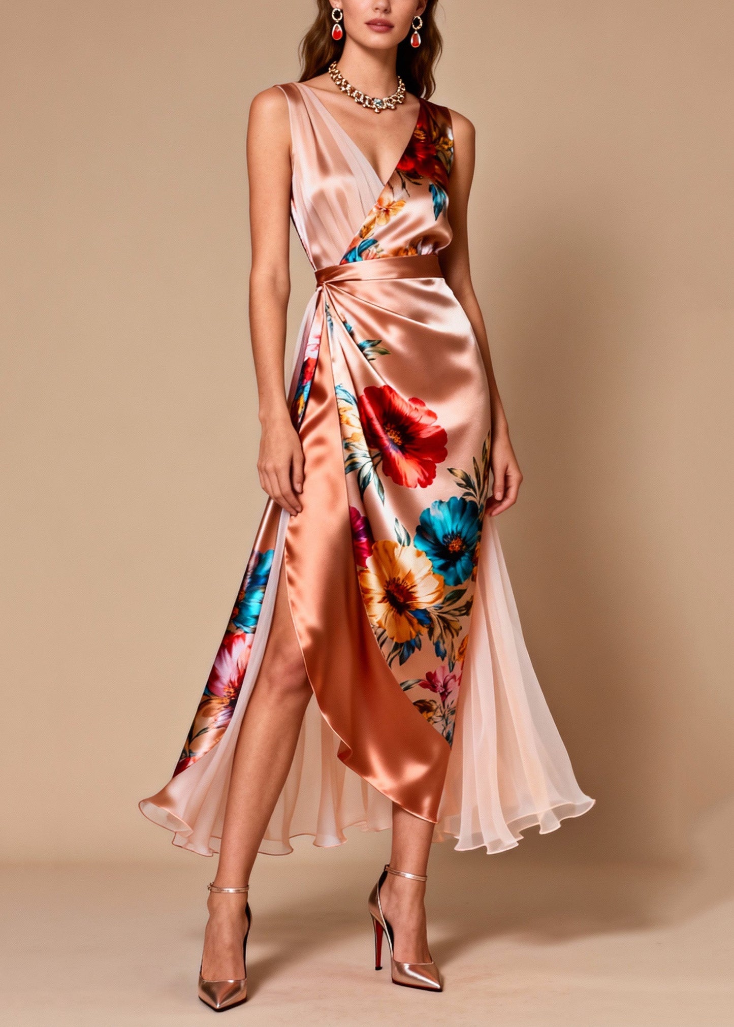 Elegant V Neck Print Patchwork Silk Dress Sleeveless