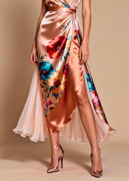 Elegant V Neck Print Patchwork Silk Dress Sleeveless