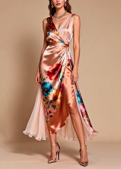 Elegant V Neck Print Patchwork Silk Dress Sleeveless