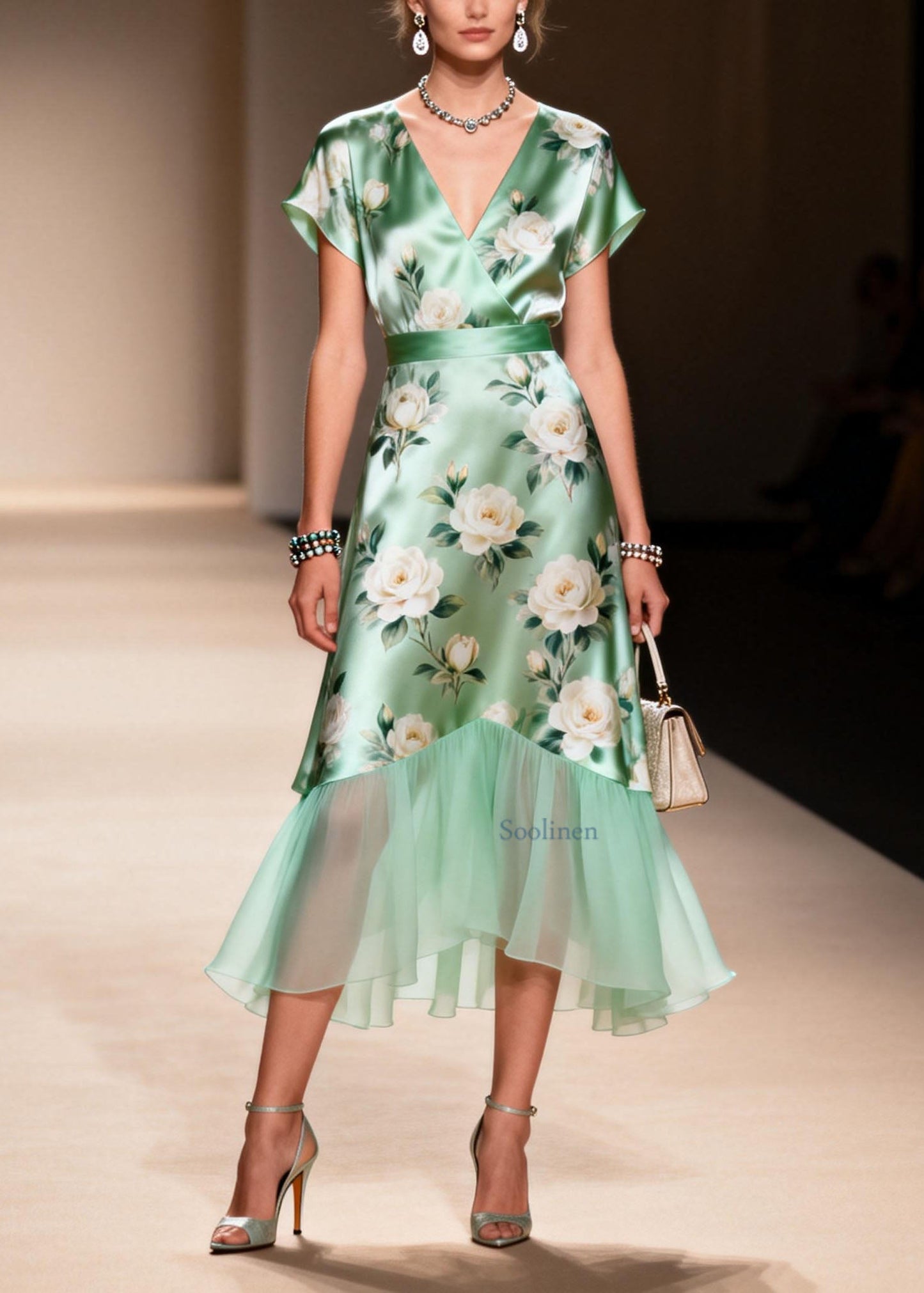 Elegant V Neck Print Ruffled Patchwork Silk Dresses Summer