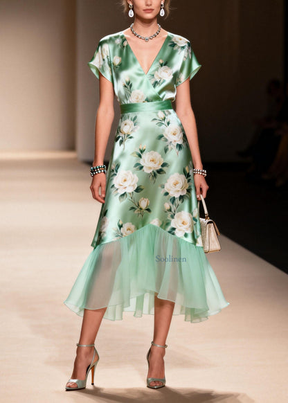 Elegant V Neck Print Ruffled Patchwork Silk Dresses Summer