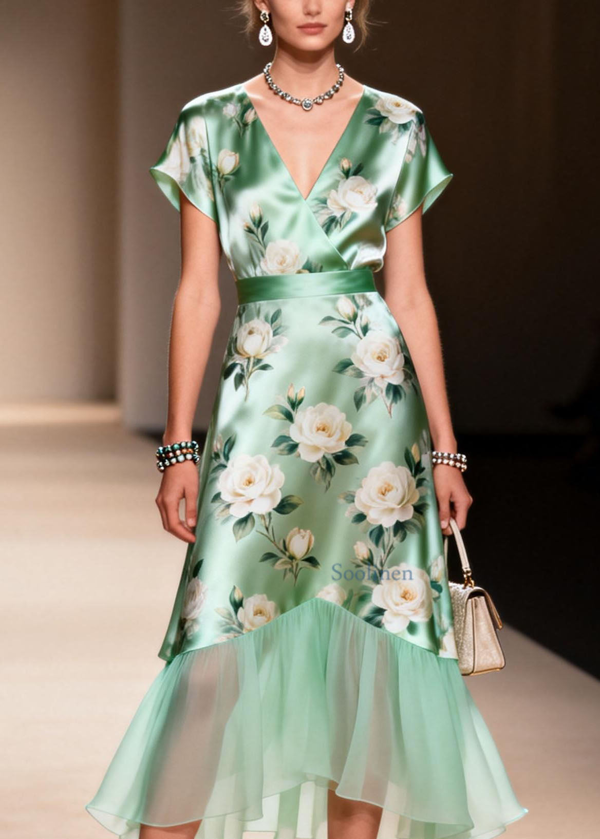 Elegant V Neck Print Ruffled Patchwork Silk Dresses Summer