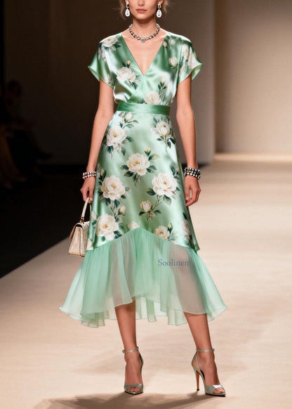 Elegant V Neck Print Ruffled Patchwork Silk Dresses Summer