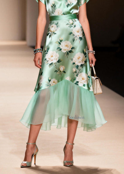 Elegant V Neck Print Ruffled Patchwork Silk Dresses Summer