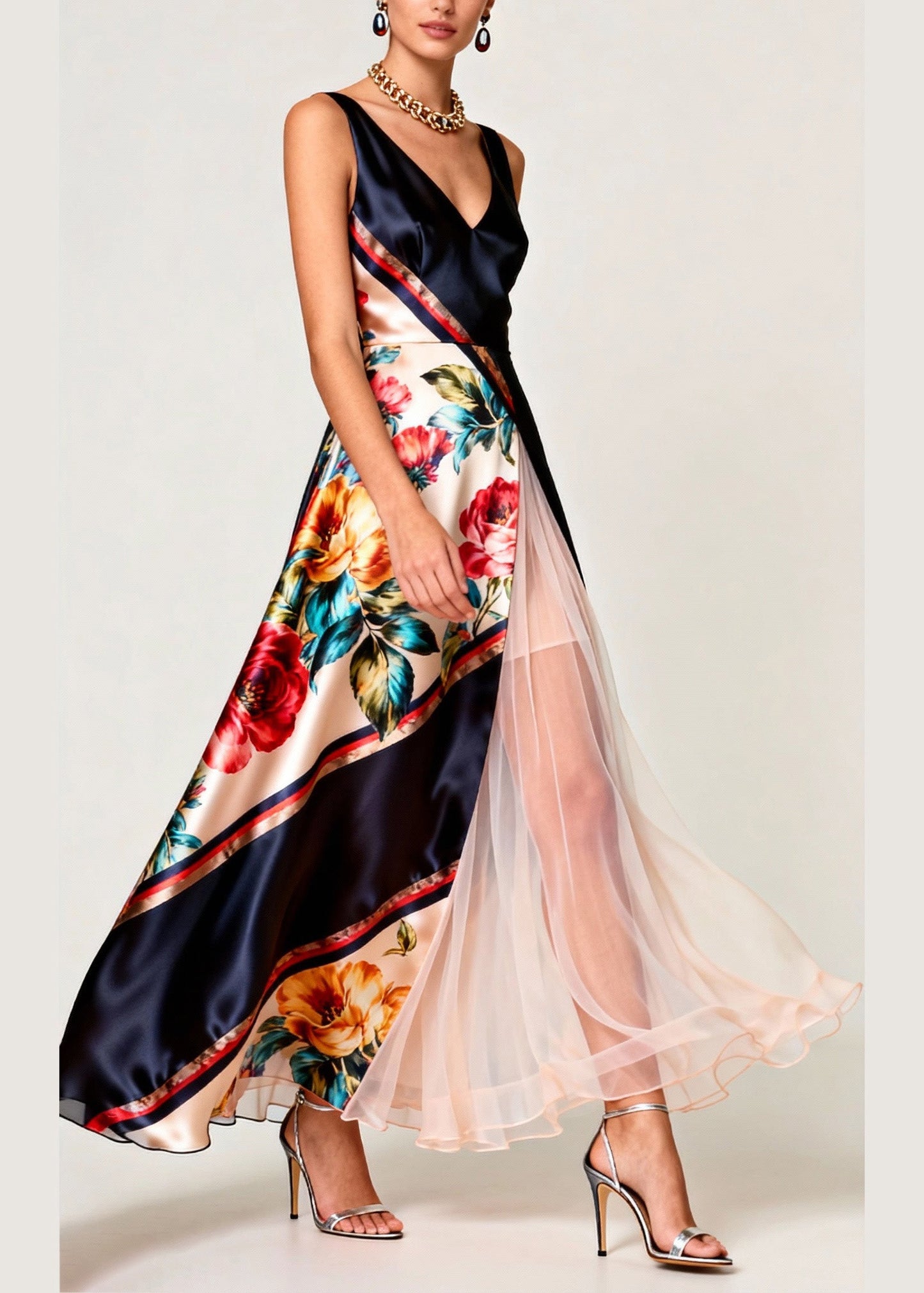 Elegant V Neck Print Tulle Patchwork Silk Long Dress Sleeveless