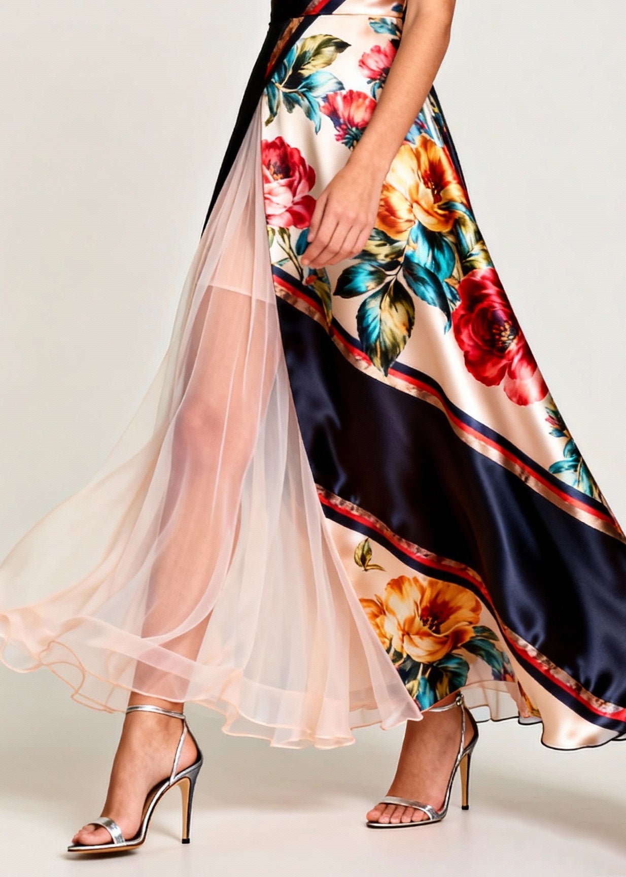 Elegant V Neck Print Tulle Patchwork Silk Long Dress Sleeveless