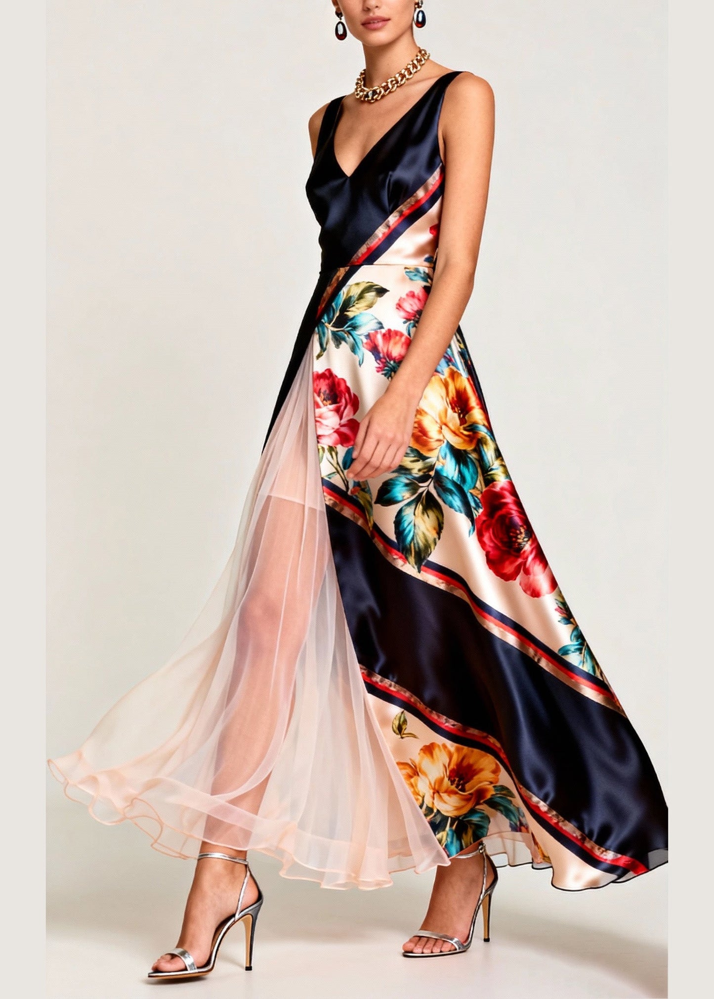 Elegant V Neck Print Tulle Patchwork Silk Long Dress Sleeveless