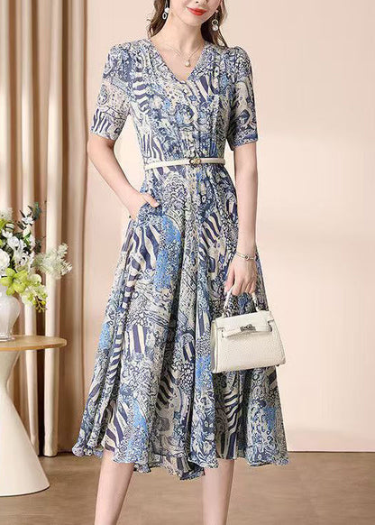 Elegant V Neck Print Wrinkled Chiffon Dress Summer