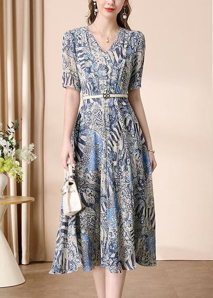 Elegant V Neck Print Wrinkled Chiffon Dress Summer