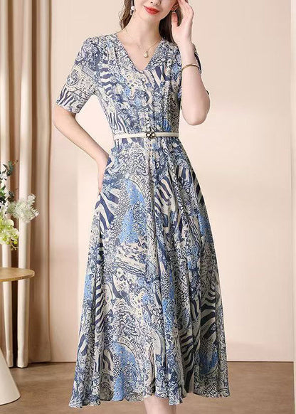 Elegant V Neck Print Wrinkled Chiffon Dress Summer