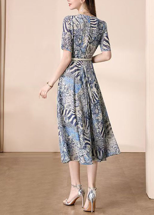 Elegant V Neck Print Wrinkled Chiffon Dress Summer