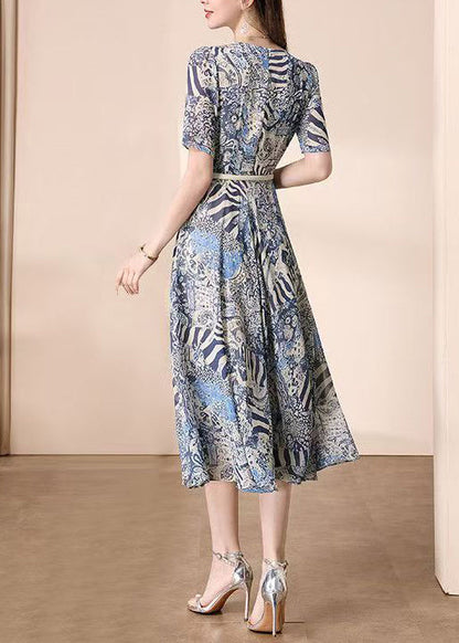 Elegant V Neck Print Wrinkled Chiffon Dress Summer