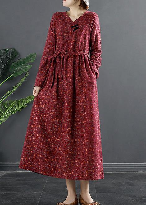Elegant V Neck Quilting Dresses Shape Red Print Long Dress - SooLinen