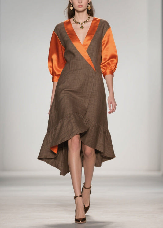 Elegant V Neck Ruffled Silk Patchwork Cotton Dresses Summer