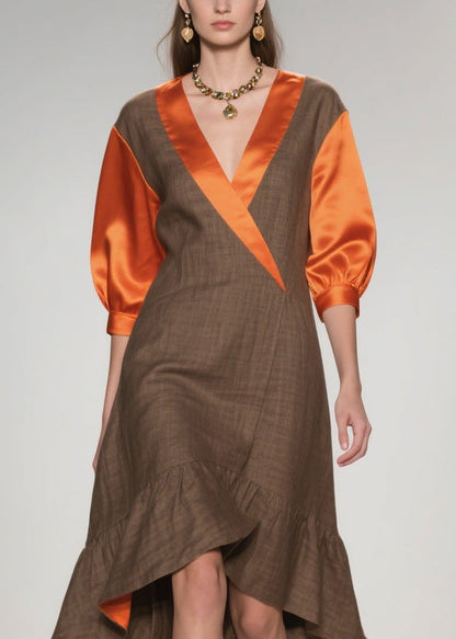 Elegant V Neck Ruffled Silk Patchwork Cotton Dresses Summer