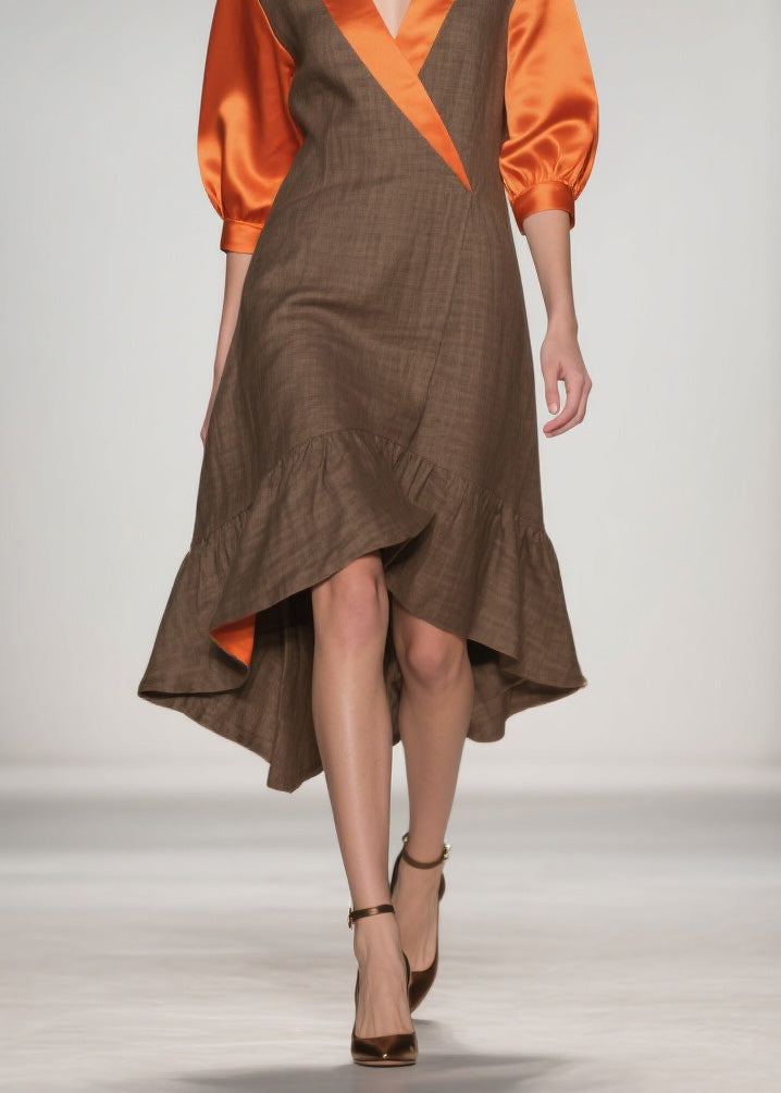 Elegant V Neck Ruffled Silk Patchwork Cotton Dresses Summer