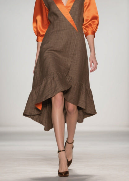 Elegant V Neck Ruffled Silk Patchwork Cotton Dresses Summer