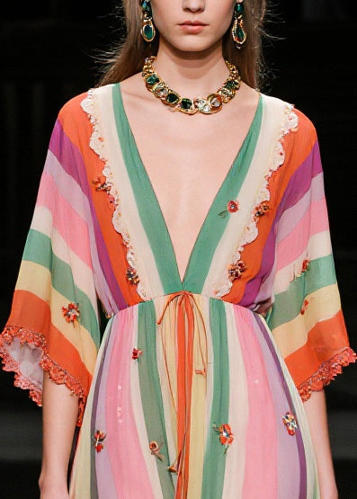 Elegant V Neck Striped Chiffon Vacation Dress Half Sleeve