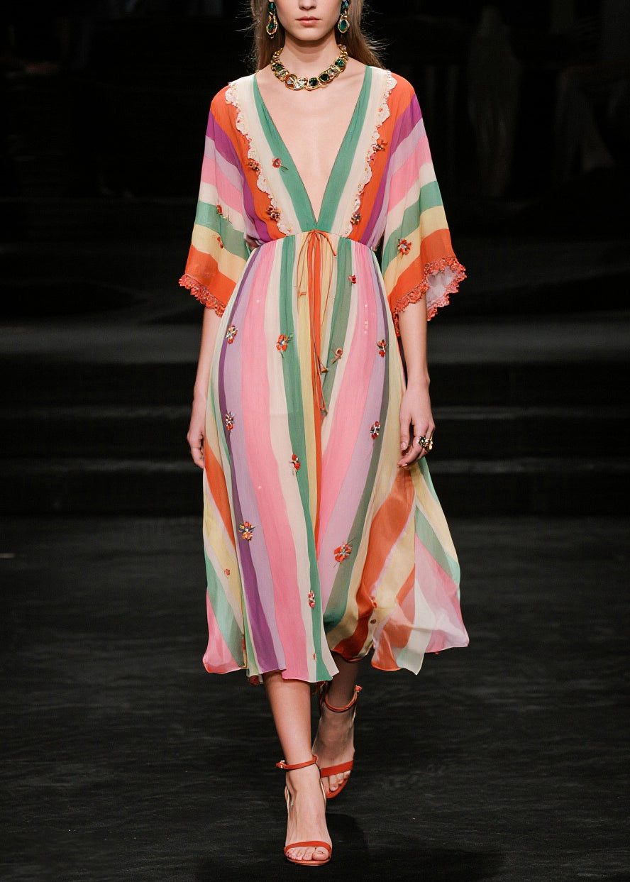 Elegant V Neck Striped Chiffon Vacation Dress Half Sleeve