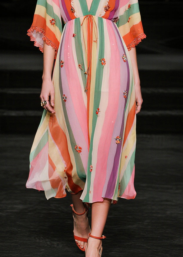 Elegant V Neck Striped Chiffon Vacation Dress Half Sleeve