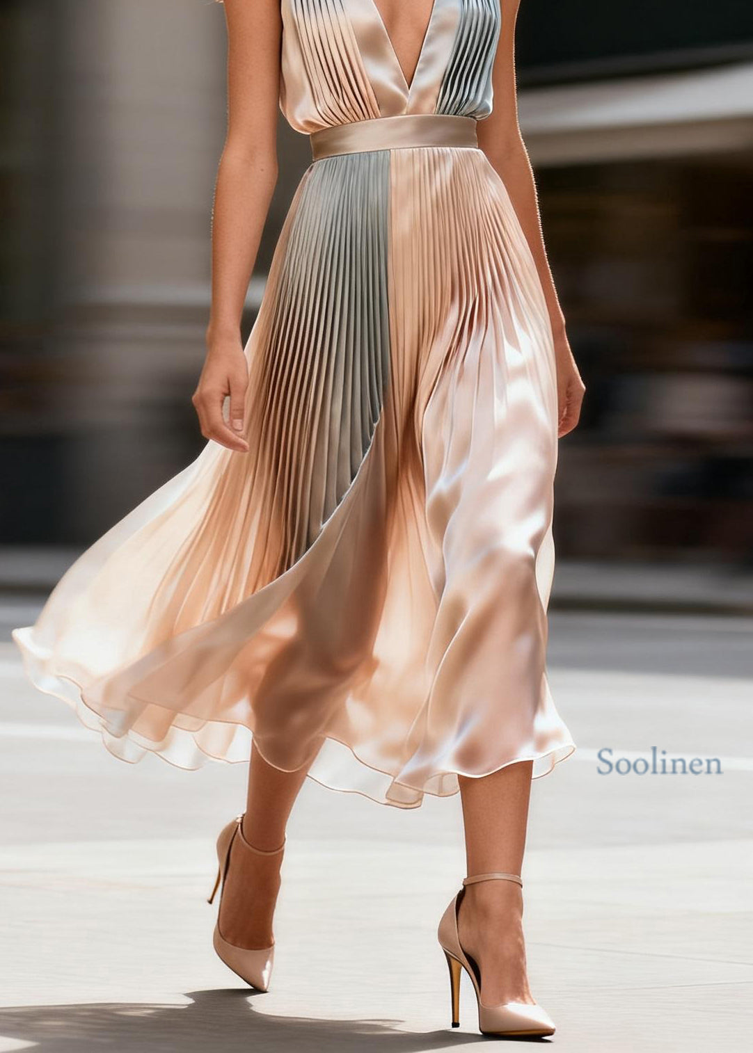 Elegant V Neck Wrinkled Patchwork Silk Dress Sleeveless