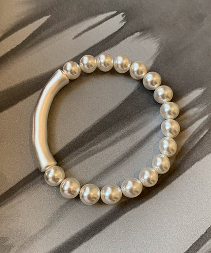 Elegant White Alloy Pearl Bamboo Joint Bangle