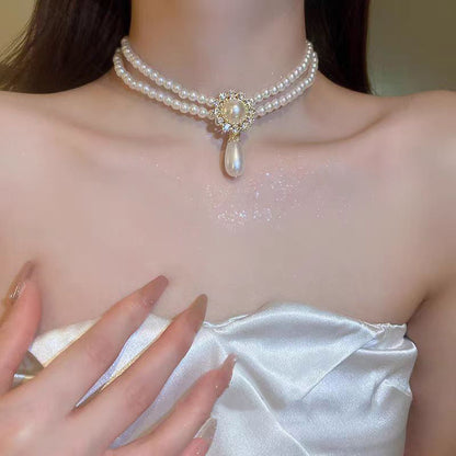 Elegant White Alloy Zircon Double Layered Pearl Water Drop Pendant Necklace