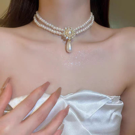 Elegant White Alloy Zircon Double Layered Pearl Water Drop Pendant Necklace