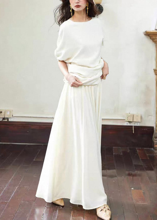 Elegant White Asymmetrical Wrinkled T Shirts And Skirts Cotton Two Piece Set Summer