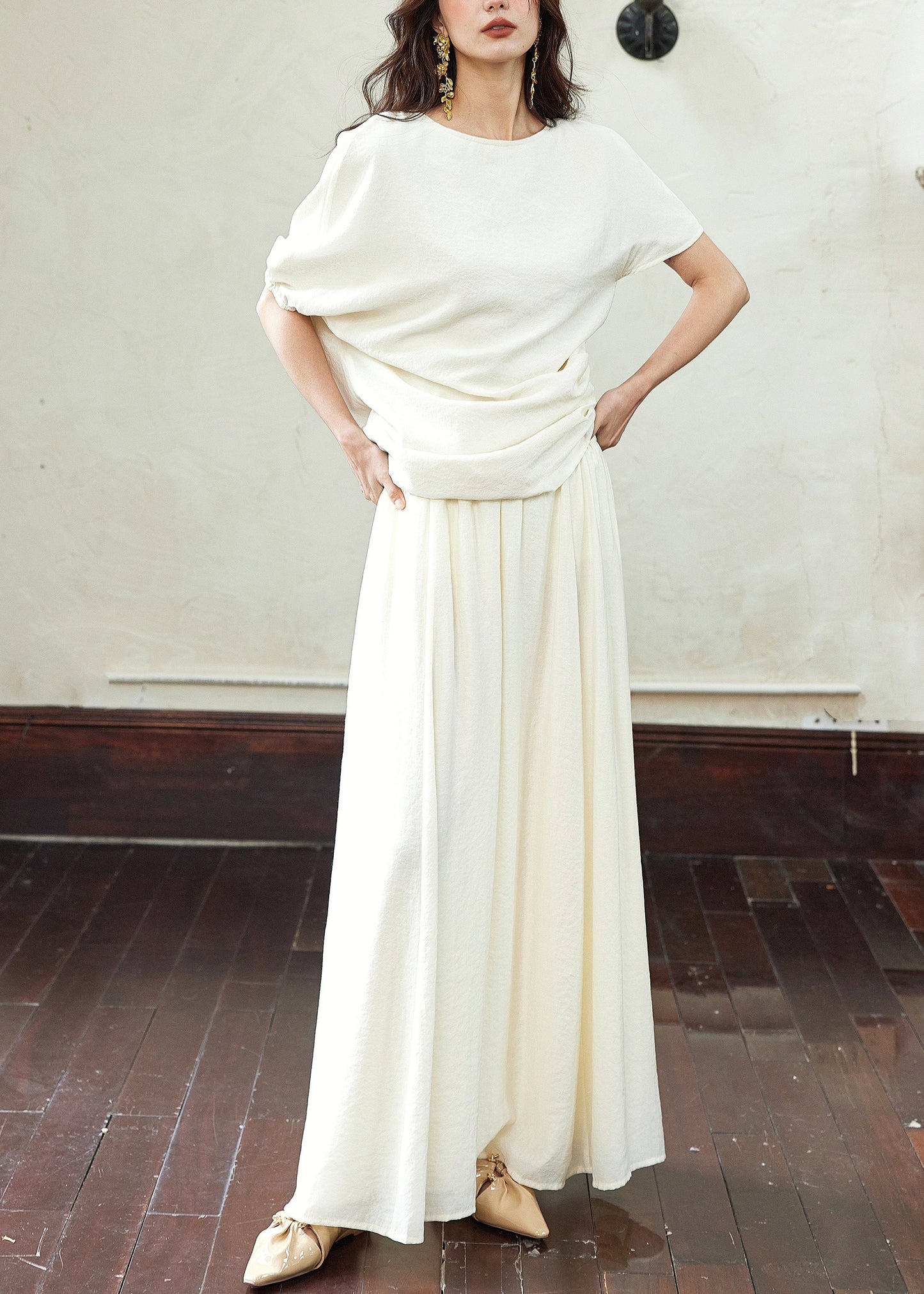 Elegant White Asymmetrical Wrinkled T Shirts And Skirts Cotton Two Piece Set Summer