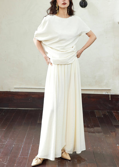 Elegant White Asymmetrical Wrinkled T Shirts And Skirts Cotton Two Piece Set Summer