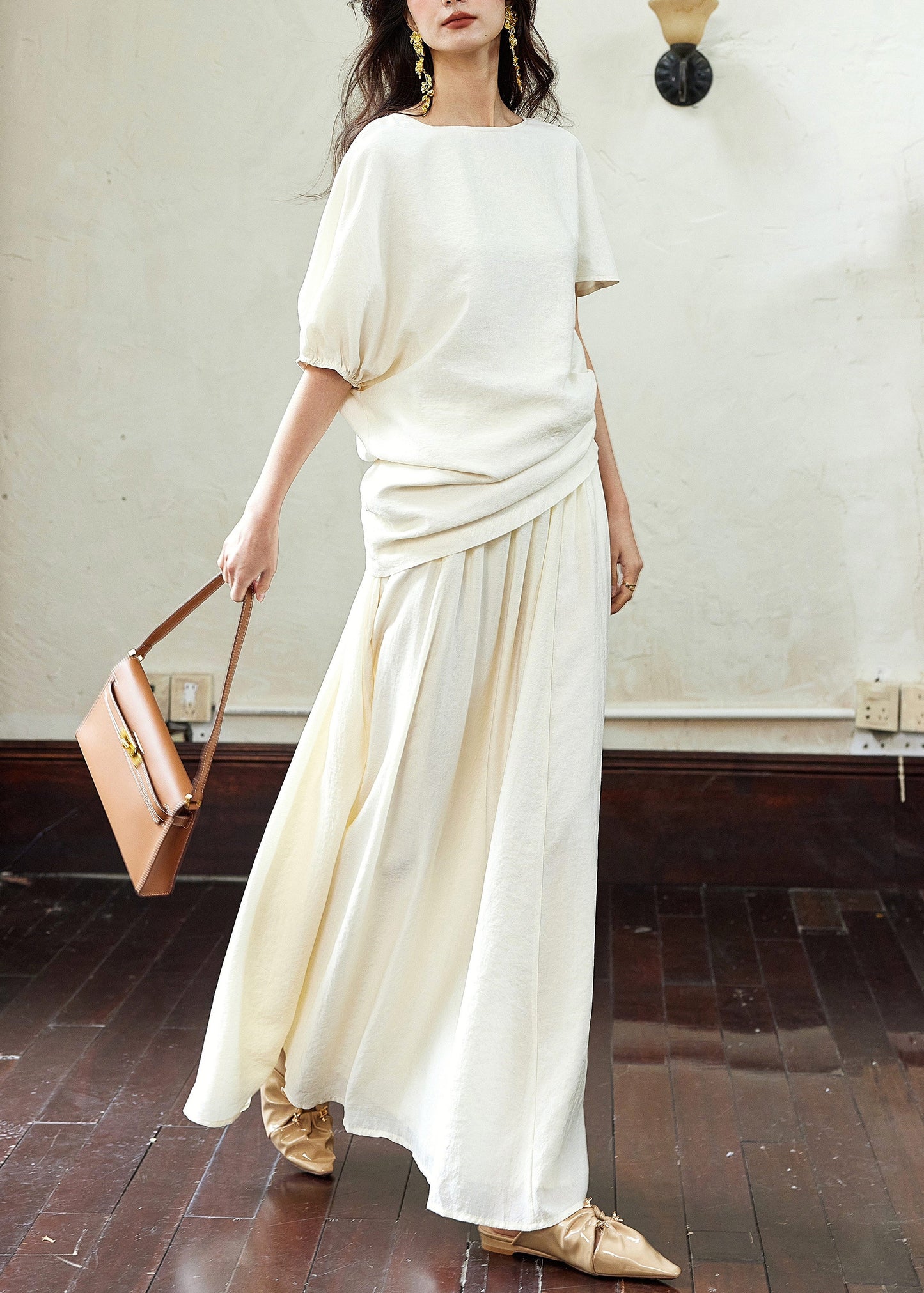 Elegant White Asymmetrical Wrinkled T Shirts And Skirts Cotton Two Piece Set Summer