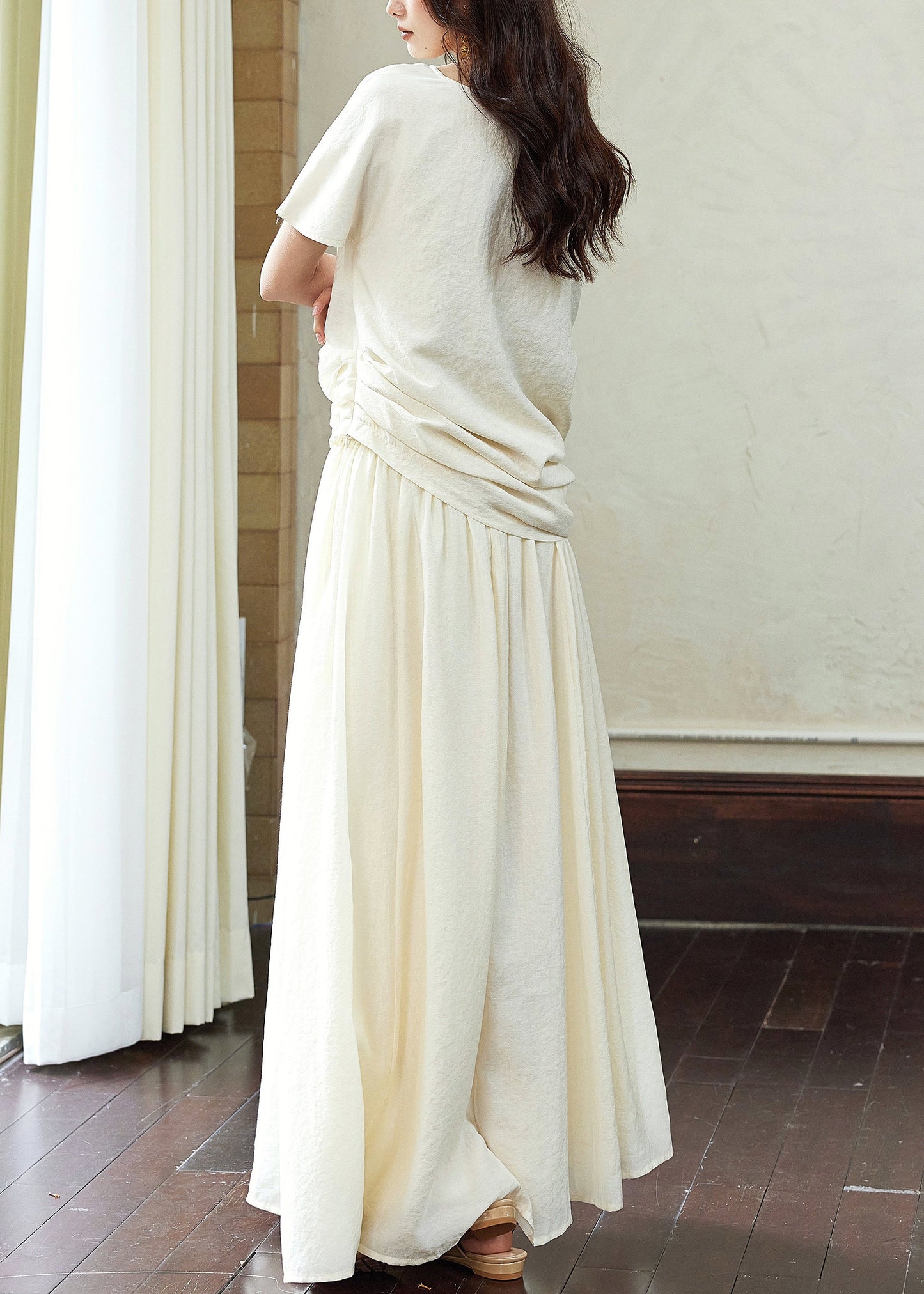 Elegant White Asymmetrical Wrinkled T Shirts And Skirts Cotton Two Piece Set Summer