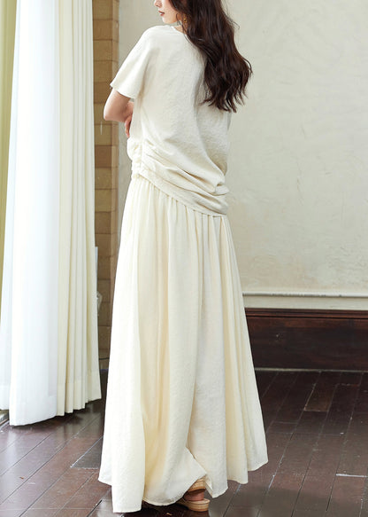Elegant White Asymmetrical Wrinkled T Shirts And Skirts Cotton Two Piece Set Summer