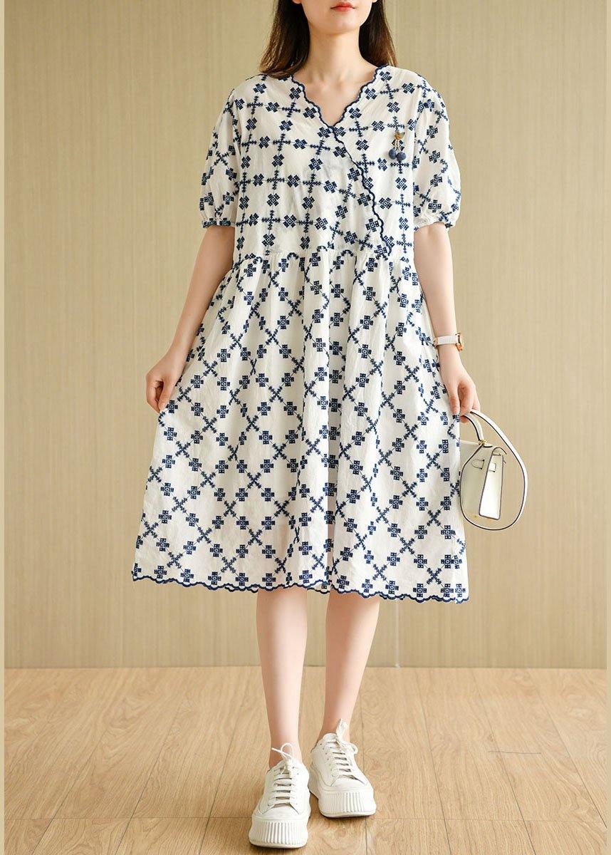 Elegant White Casual V Neck Embroideried Summer Cotton Mid Dress Short Sleeve - SooLinen