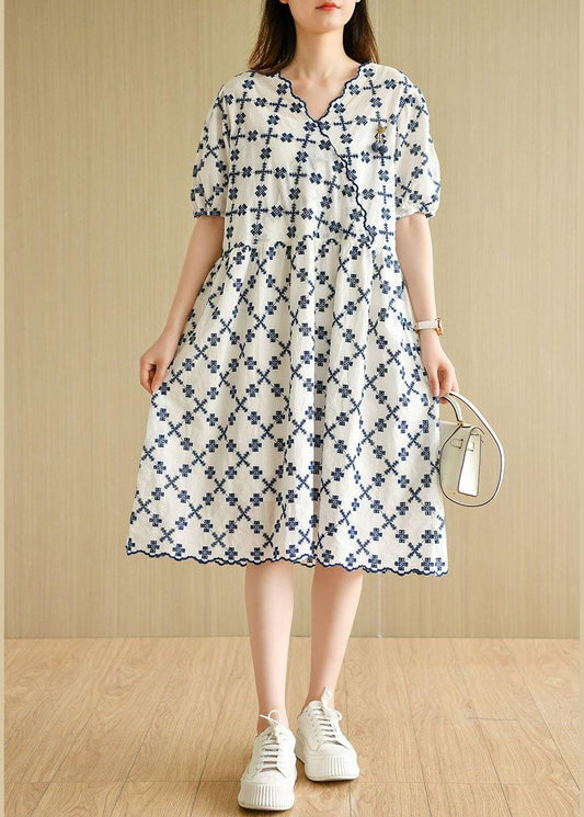 Elegant White Casual V Neck Embroideried Summer Cotton Mid Dress Short Sleeve - SooLinen