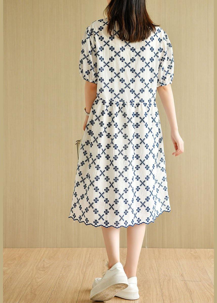 Elegant White Casual V Neck Embroideried Summer Cotton Mid Dress Short Sleeve - SooLinen