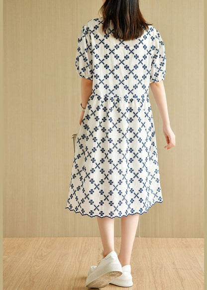 Elegant White Casual V Neck Embroideried Summer Cotton Mid Dress Short Sleeve - SooLinen