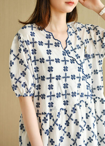 Elegant White Casual V Neck Embroideried Summer Cotton Mid Dress Short Sleeve - SooLinen