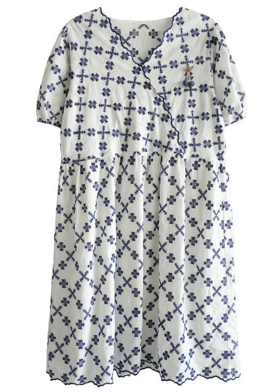 Elegant White Casual V Neck Embroideried Summer Cotton Mid Dress Short Sleeve - SooLinen