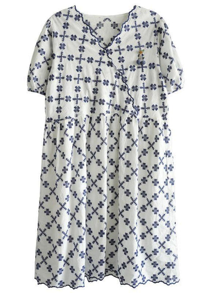 Elegant White Casual V Neck Embroideried Summer Cotton Mid Dress Short Sleeve - SooLinen