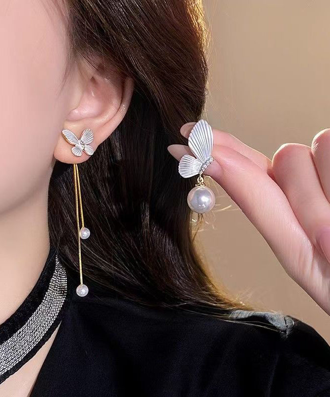 Elegant White Copper Alloy Asymmetry Butterfly Pearl Tassel Drop Earrings